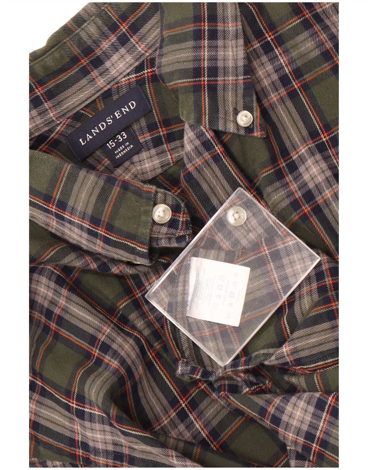 Lands End Mens Checked  Shirt Size 15 Medium Green Check