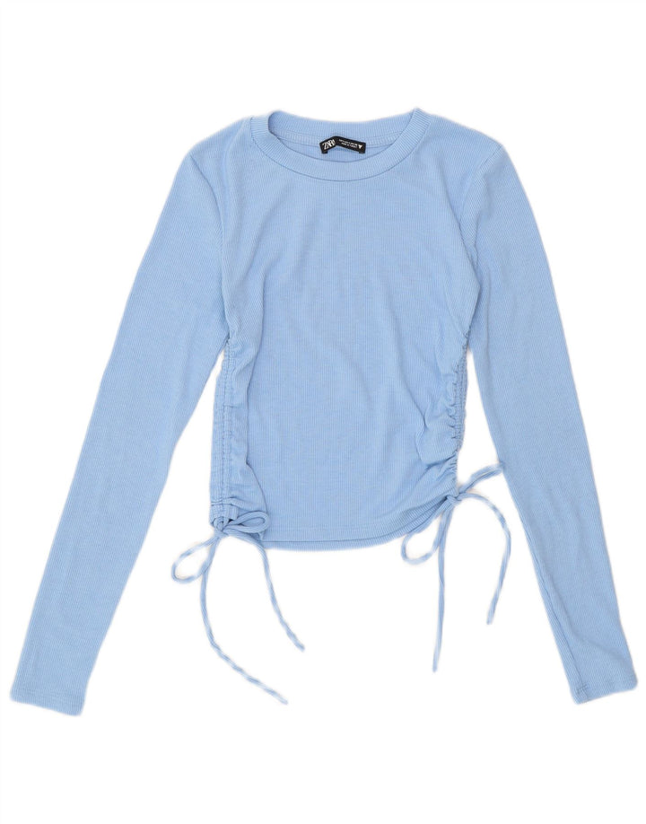 Zara Womens Crop Long Sleeve Blouse Top UK 8 Small Blue Polyester