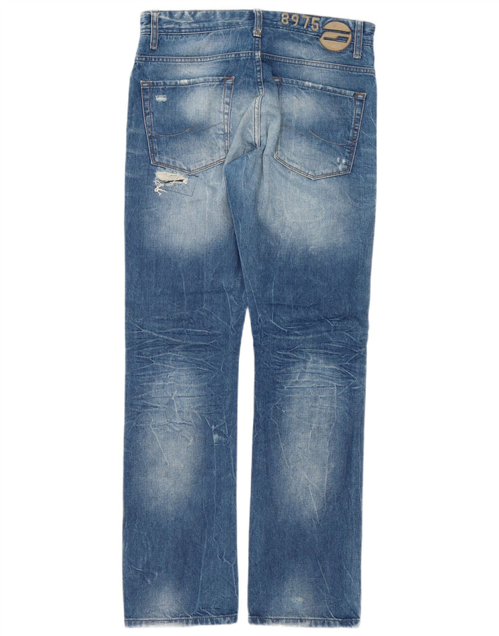 Jack & Jones Mens Distressed Straight Jeans W32 L34 Blue Patchwork Cotton