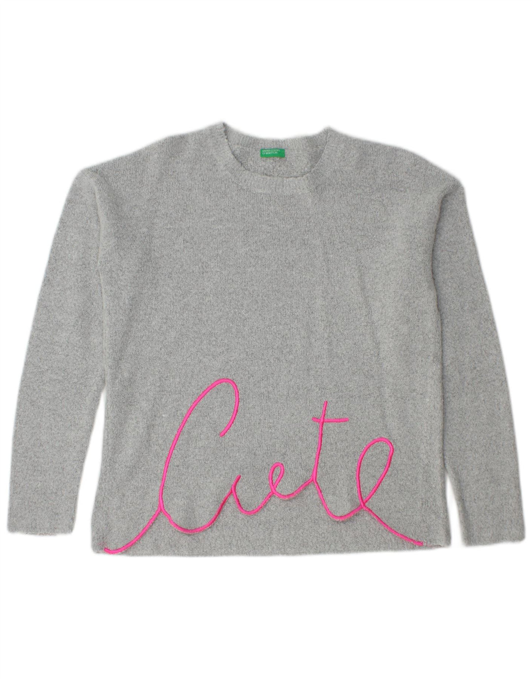 Benetton Womens Graphic Crew Neck Jumper Sweater UK 12 Medium Grey Flecked