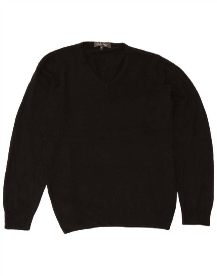 MARKS & SPENCER Mens V-Neck Jumper Sweater Small Black Acrylic