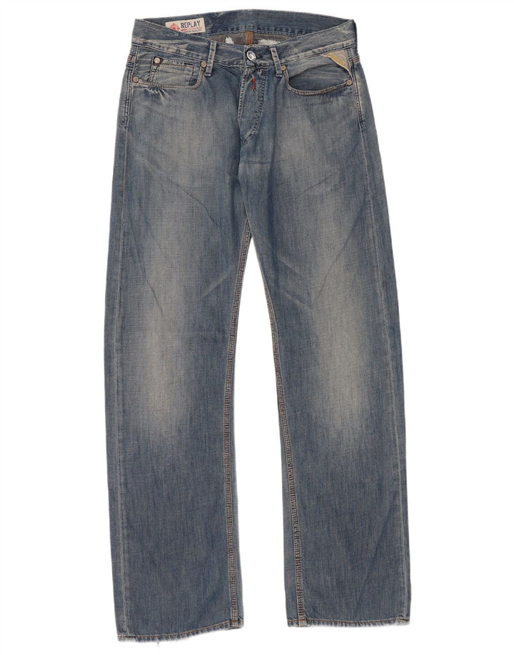 Replay Mens Graphic Straight Jeans W30 L34 Blue Cotton