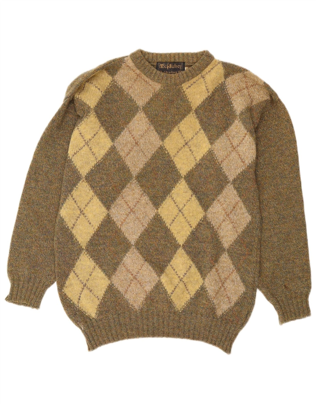 Vintage Mens Crew Neck Jumper Sweater UK 40 Medium Khaki Argyle/Diamond