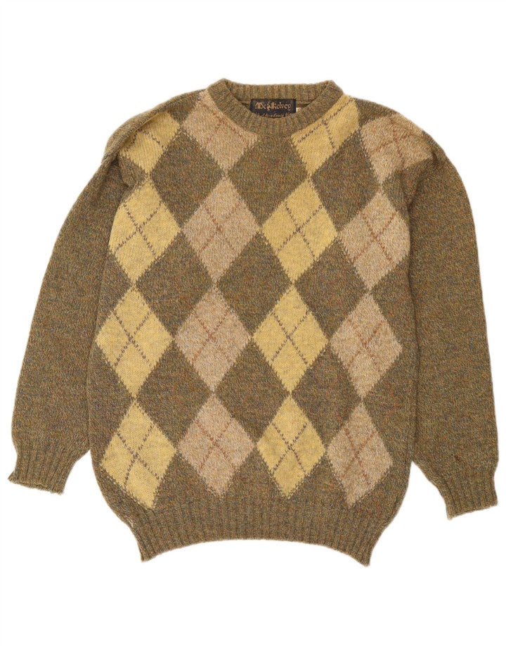 Vintage Mens Crew Neck Jumper Sweater UK 40 Medium Khaki Argyle/Diamond