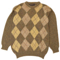 Vintage Mens Crew Neck Jumper Sweater UK 40 Medium Khaki Argyle/Diamond