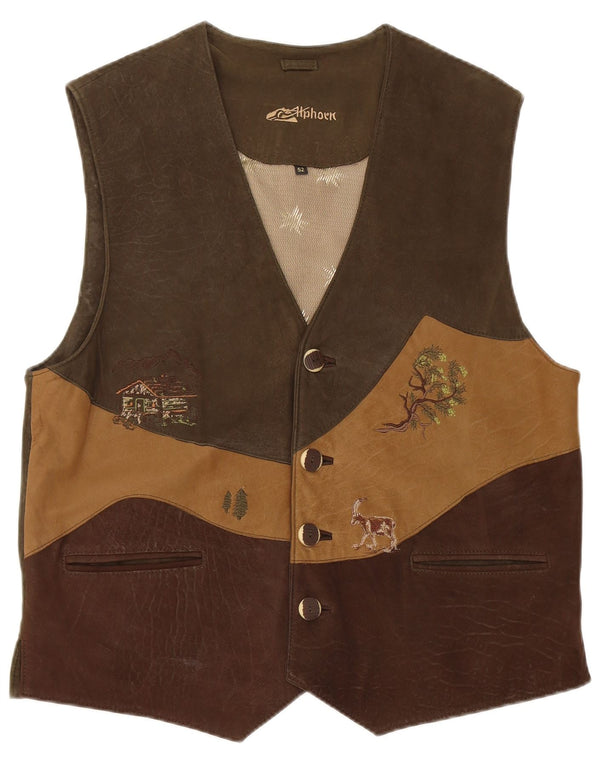 Alphorn Mens Trachten Graphic Suede Waistcoat EU 52 Large Khaki Colourblock