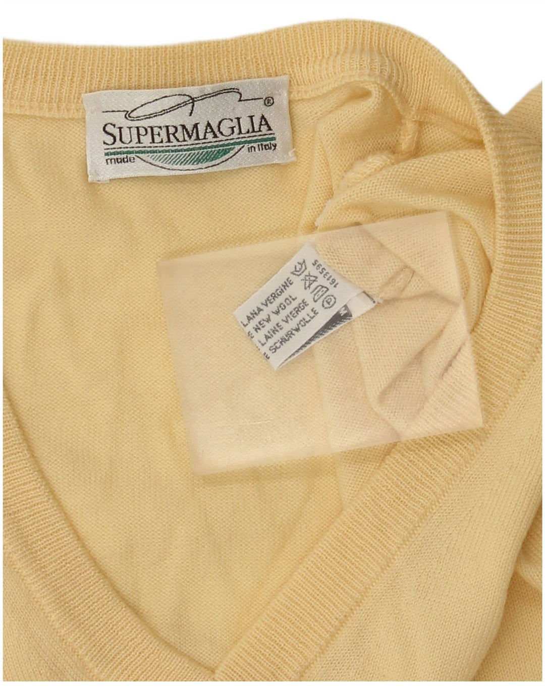 Supermaglia Mens V-Neck Jumper Sweater Medium Yellow Wool