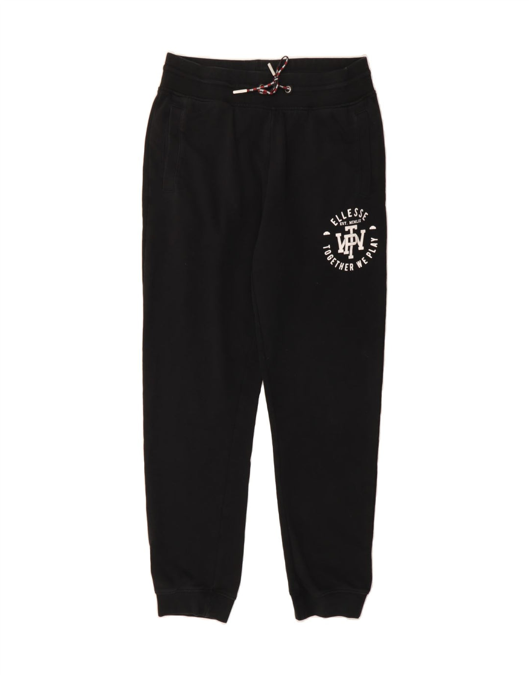 ELLESSE Womens Graphic Tracksuit Trousers Joggers UK 14 Medium Black Vintage Ellesse and Second-Hand Ellesse from Messina Hembry 