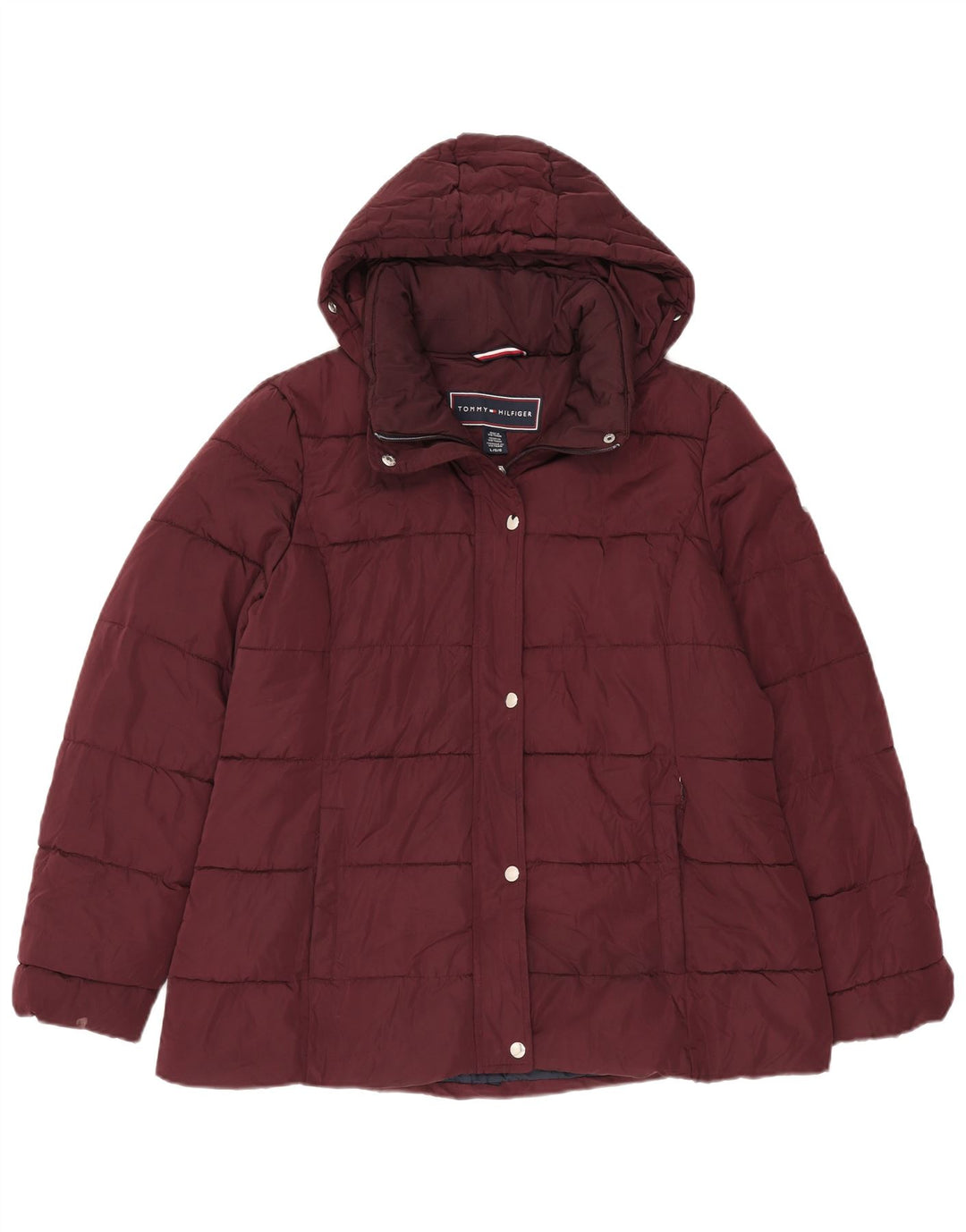 Tommy Hilfiger Womens Hooded Padded Jacket UK 16 Large Burgundy Polyester
