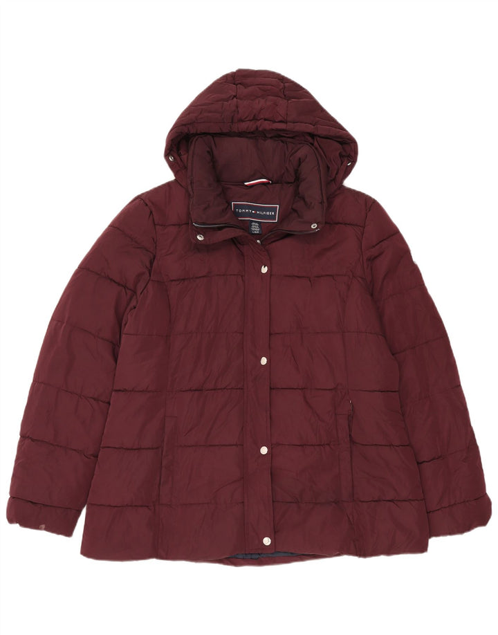 Tommy Hilfiger Womens Hooded Padded Jacket UK 16 Large Burgundy Polyester