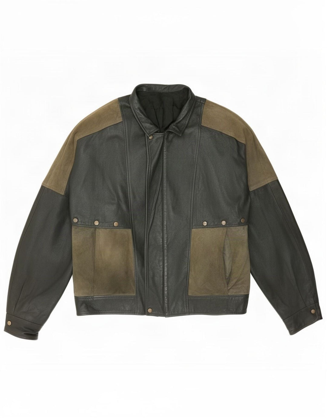 Maxime Mens Leather Jacket IT 56 3XL Khaki Colourblock