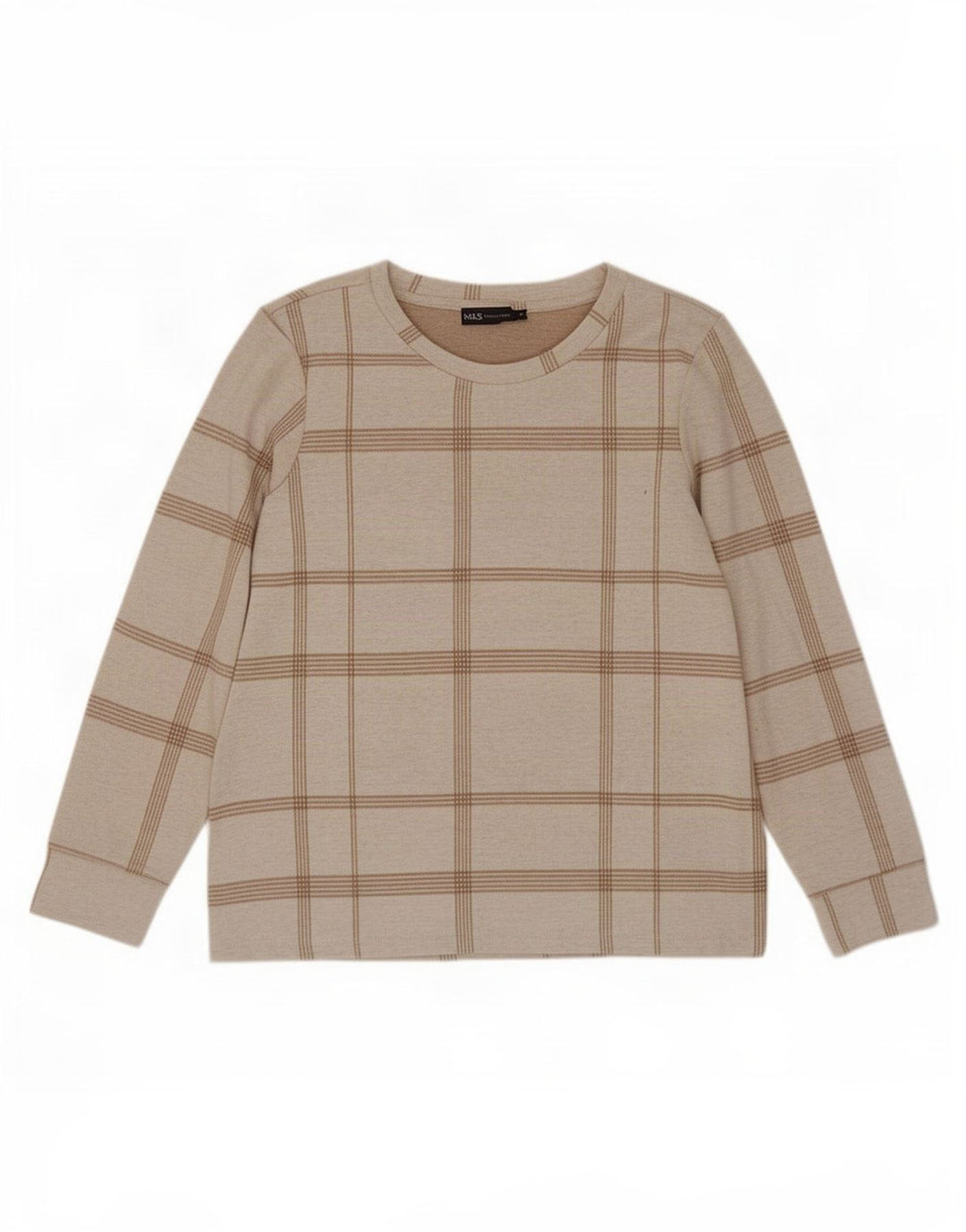 Marks & Spencer Womens Top Long Sleeve UK 12 Medium Beige Plaid Polyester