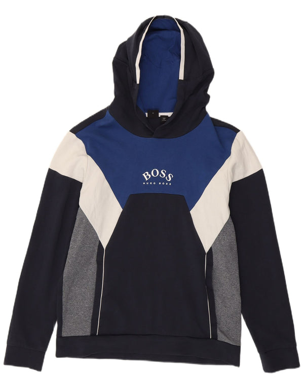 Hugo Boss Mens Graphic Hoodie Jumper Medium Navy Blue Colourblock Cotton