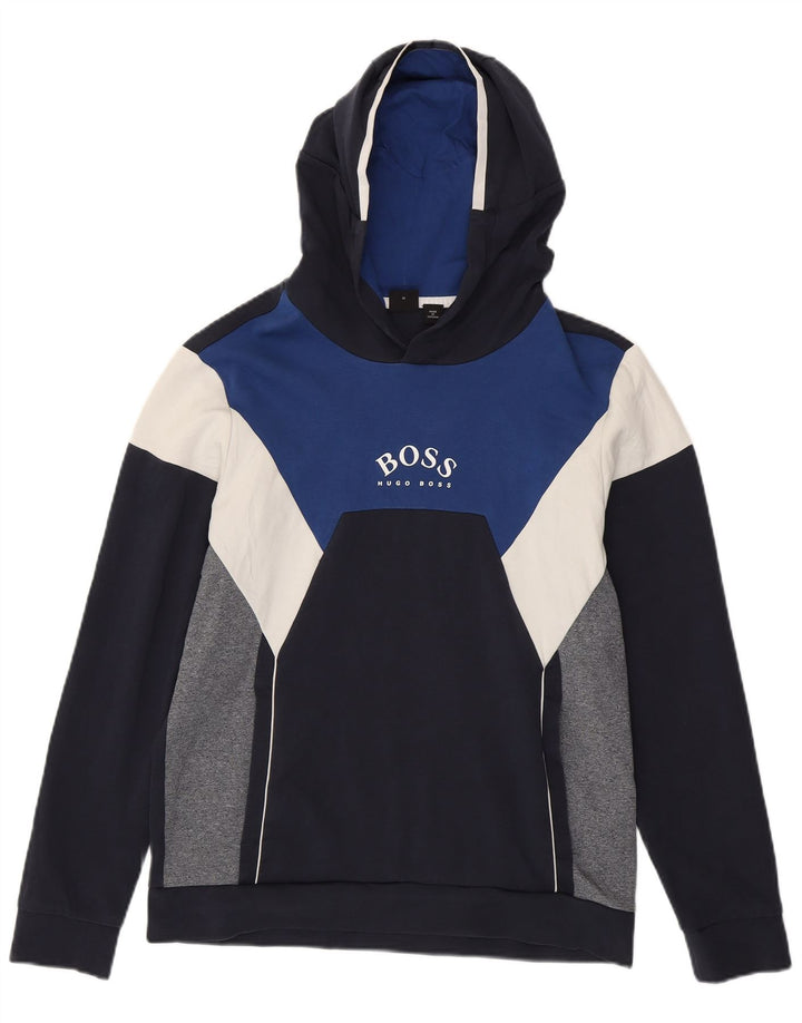 Hugo Boss Mens Graphic Hoodie Jumper Medium Navy Blue Colourblock Cotton