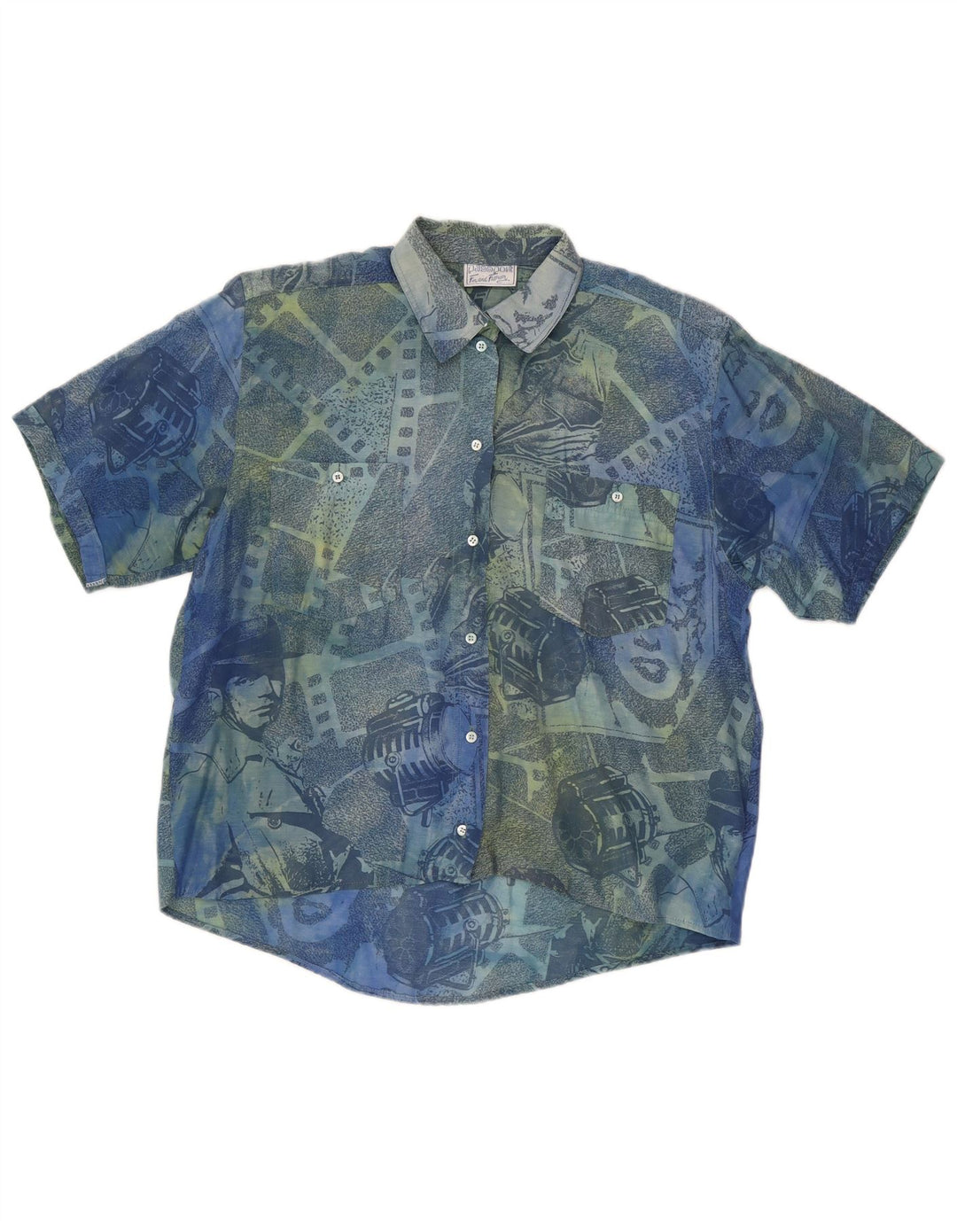 Passport Mens Short Sleeve Shirt Small Blue Geometric Viscose