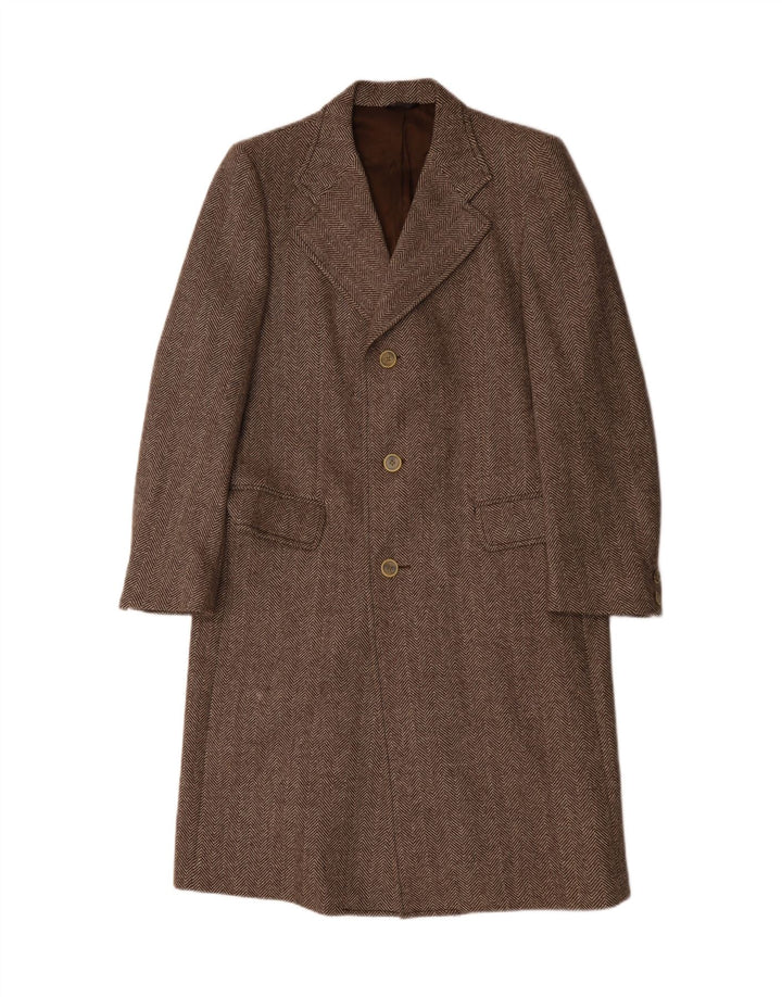 Vintage Mens Overcoat UK 36 Small Brown Herringbone Virgin Wool