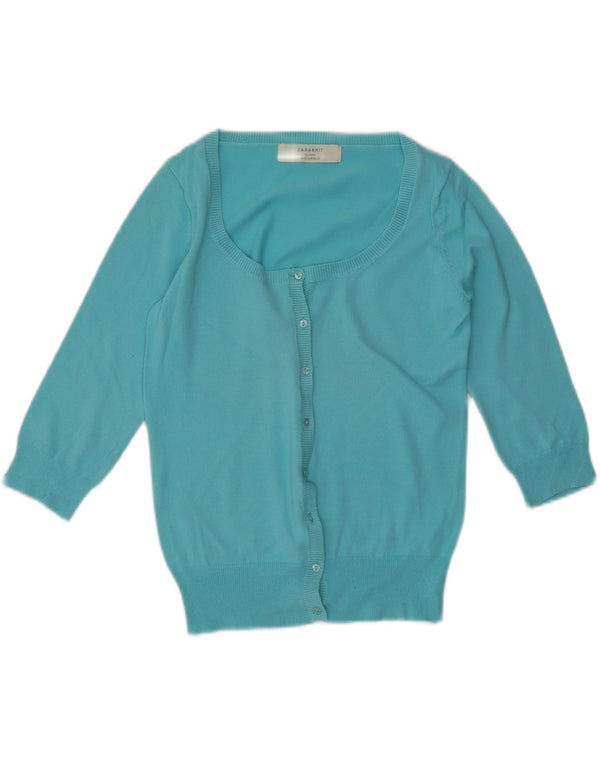 Zara Womens 3/4 Sleeve Cardigan Sweater UK 12 Medium Blue Cotton