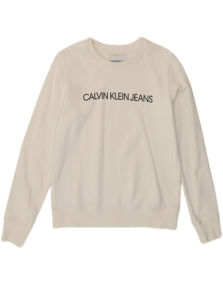 CALVIN KLEIN JEANS Womens Graphic Sweatshirt Jumper UK 10 Small White Vintage Calvin Klein Jeans and Second-Hand Calvin Klein Jeans from Messina Hembry 