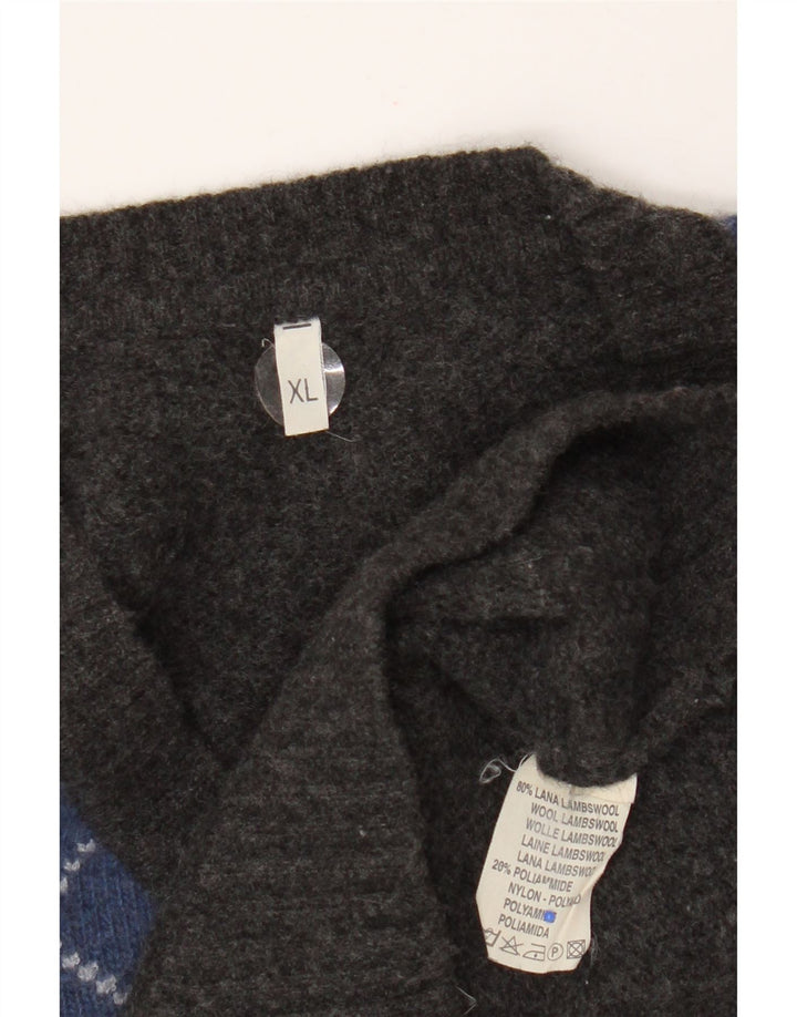 Vintage Mens V-Neck Jumper Sweater XL Grey Argyle/Diamond Lambswool