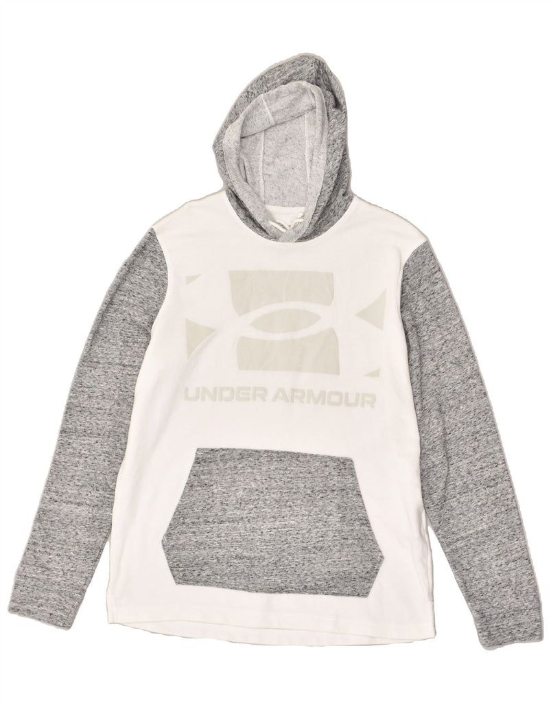 UNDER ARMOUR Mens Graphic Hoodie Jumper Medium White Colourblock Cotton | Vintage Under Armour | Thrift | Second-Hand Under Armour | Used Clothing | Messina Hembry 