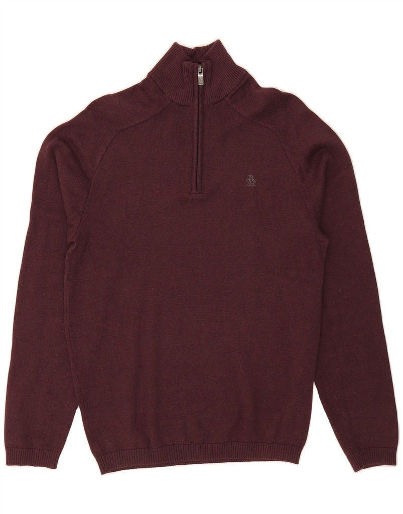 PENGUIN Mens Zip Neck Jumper Sweater Small Maroon Cotton Vintage Penguin and Second-Hand Penguin from Messina Hembry 