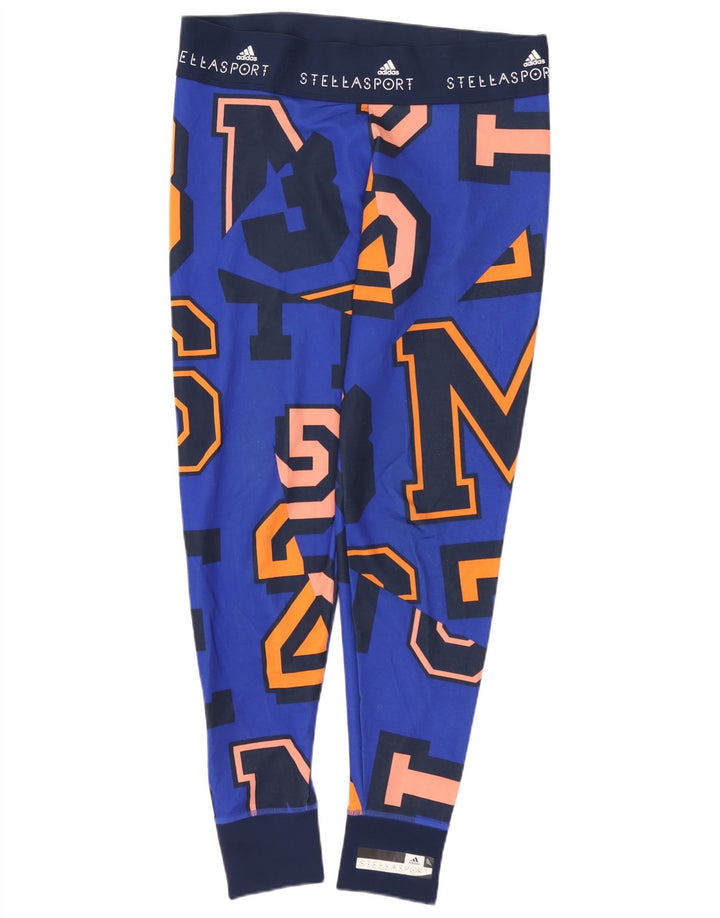 ADIDAS Womens Climalite Graphic Leggings UK 14 Medium Blue Polyester