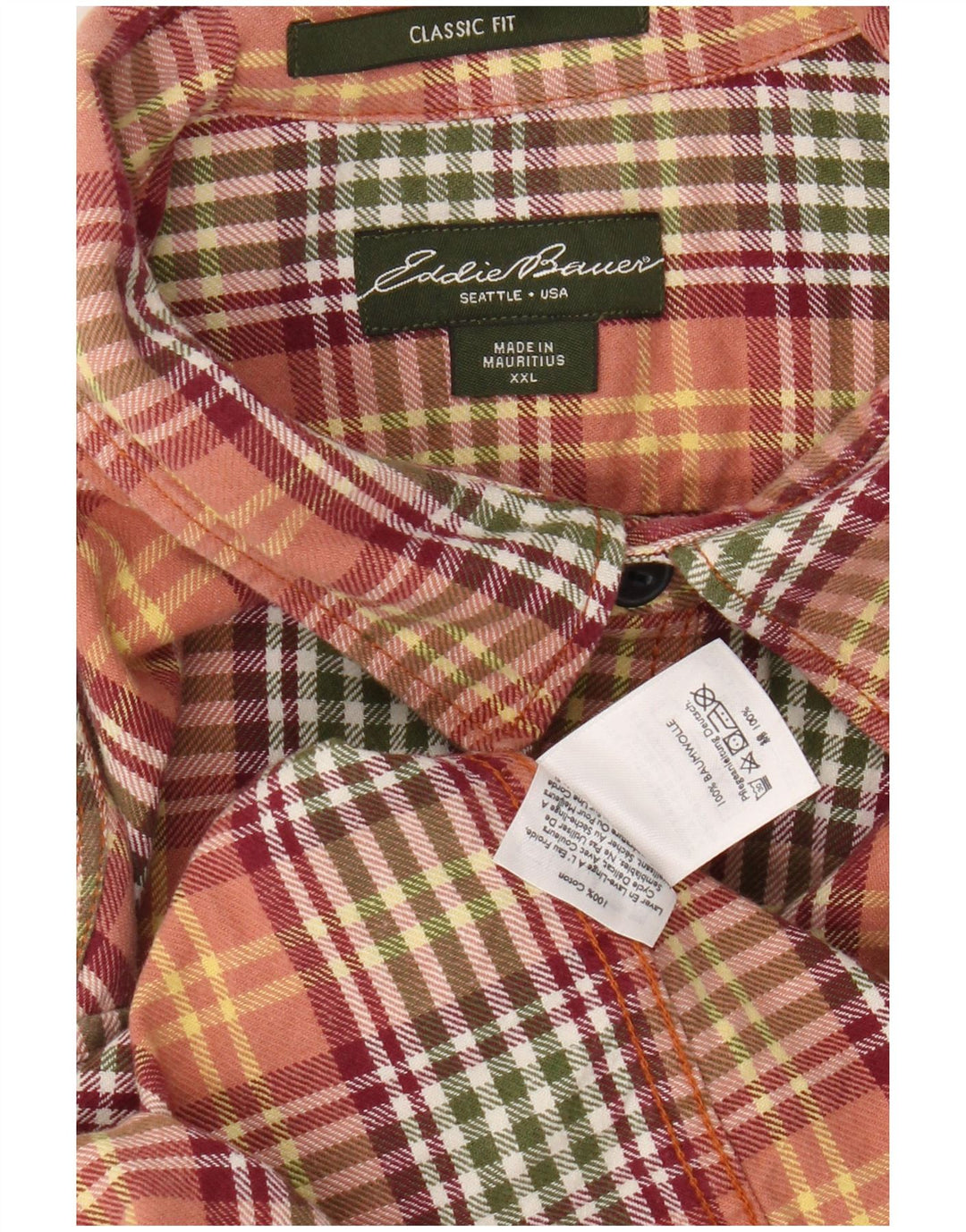 EDDIE BAUER Mens Classic Fit Flannel Shirt 2XL Orange Check Cotton