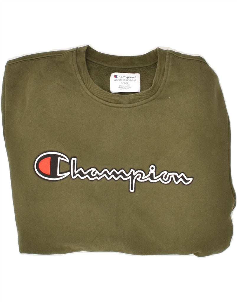 CHAMPION Mens Graphic Sweatshirt Jumper Large Khaki Cotton | Vintage Champion | Thrift | Second-Hand Champion | Used Clothing | Messina Hembry 