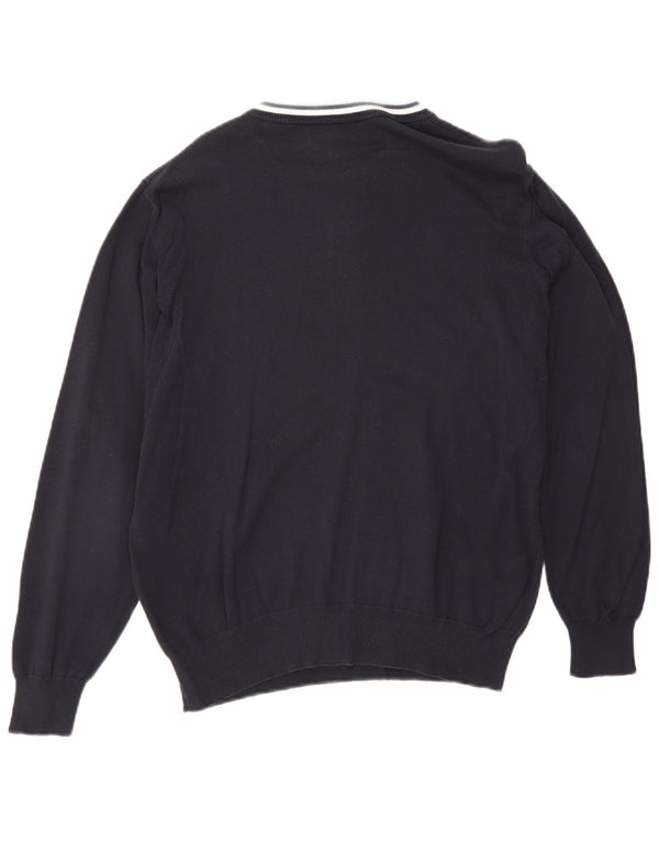 Fred Perry Mens Crew Neck Jumper Sweater Medium Navy Blue Striped Cotton