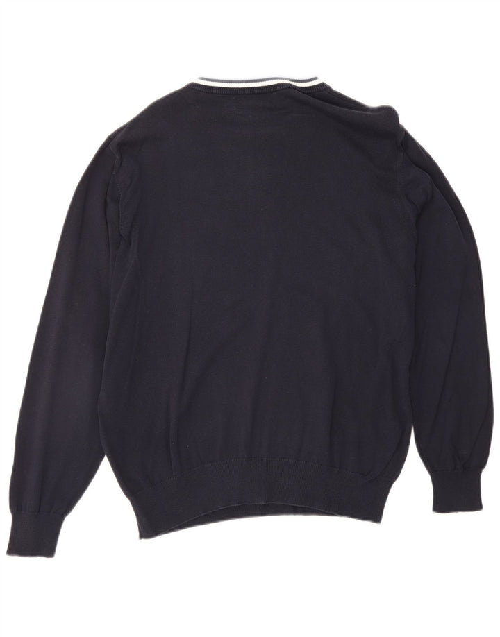 Fred Perry Mens Crew Neck Jumper Sweater Medium Navy Blue Striped Cotton