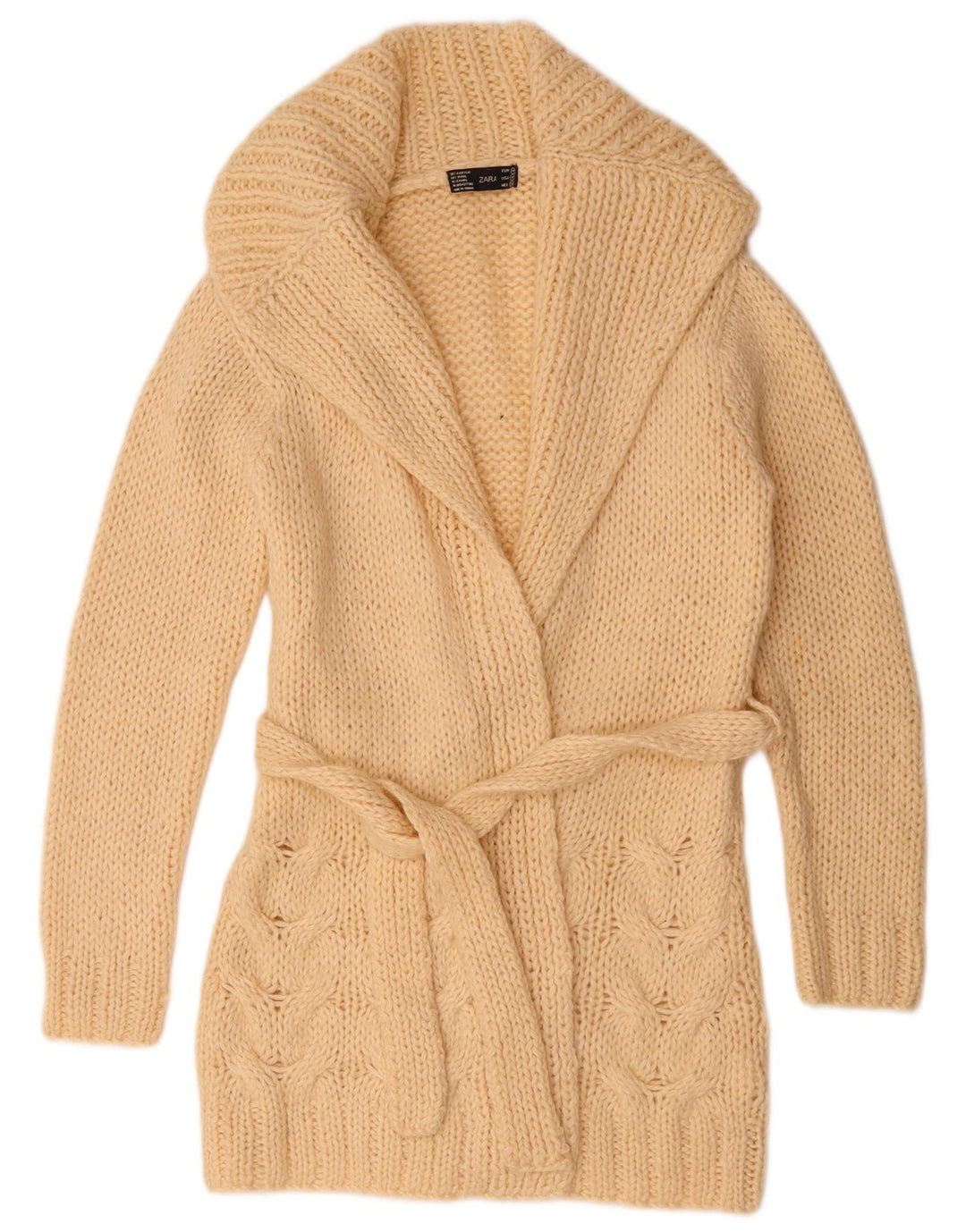 Zara Womens Longline Open Cardigan Sweater UK 14 Medium Beige Acrylic