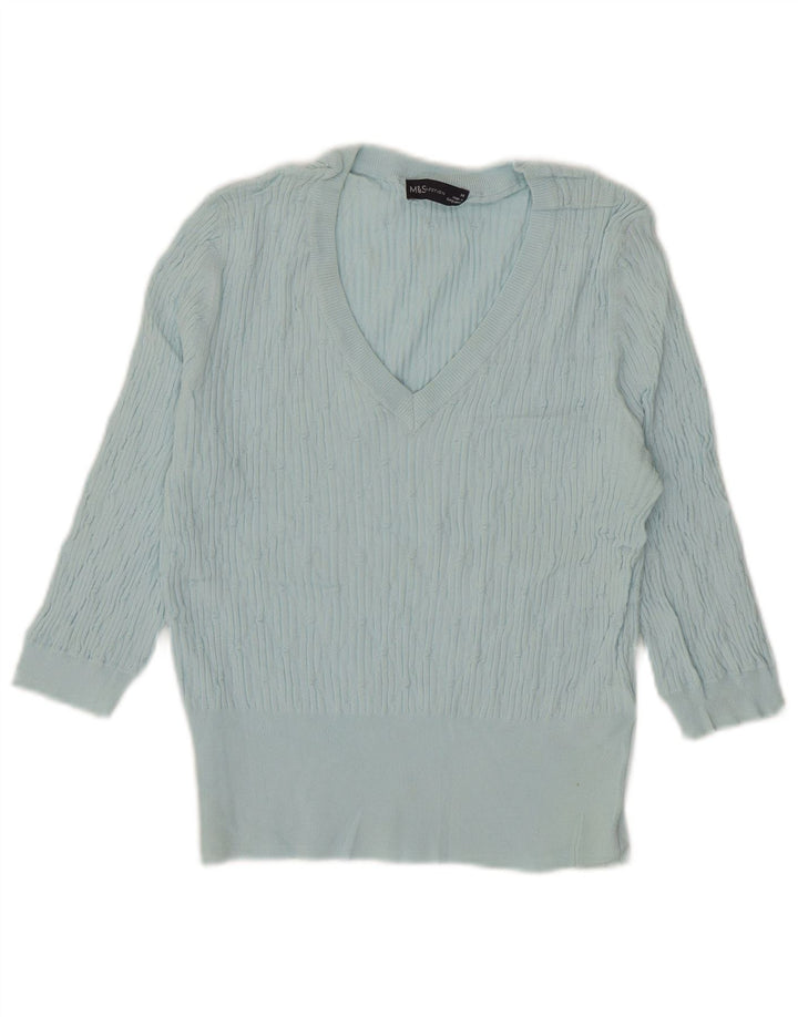 Marks & Spencer Womens 3/4 Sleeve V-Neck Jumper Sweater UK 14 Medium Blue
