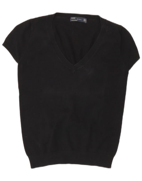 Zara Womens Short Sleeve V-Neck Jumper Sweater UK 12 Medium Black Cotton