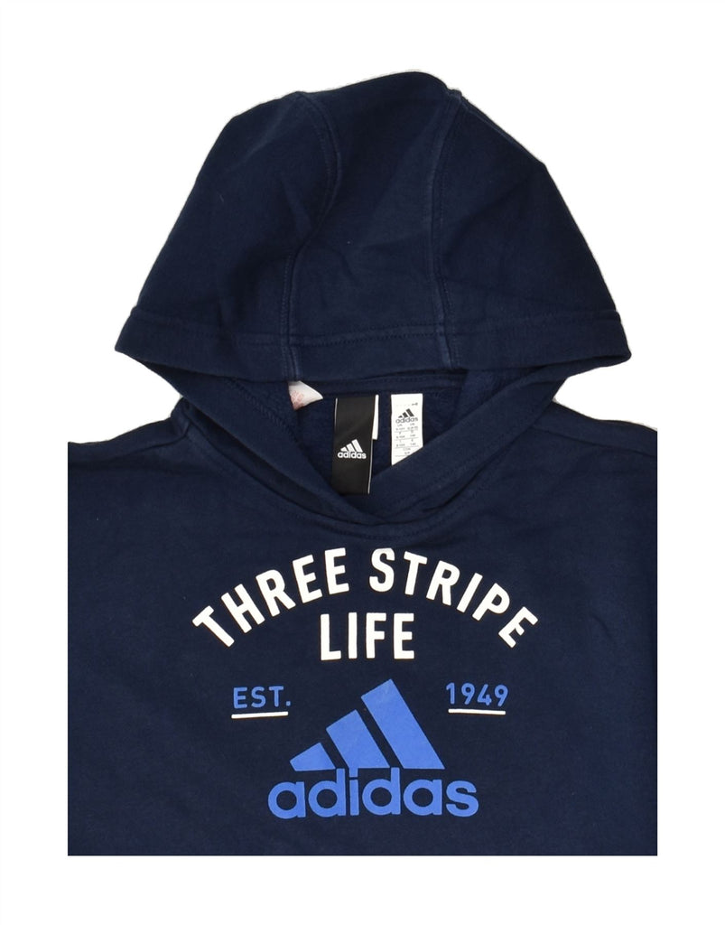 ADIDAS Boys Graphic Hoodie Jumper 9-10 Years Navy Blue Cotton | Vintage Adidas | Thrift | Second-Hand Adidas | Used Clothing | Messina Hembry 