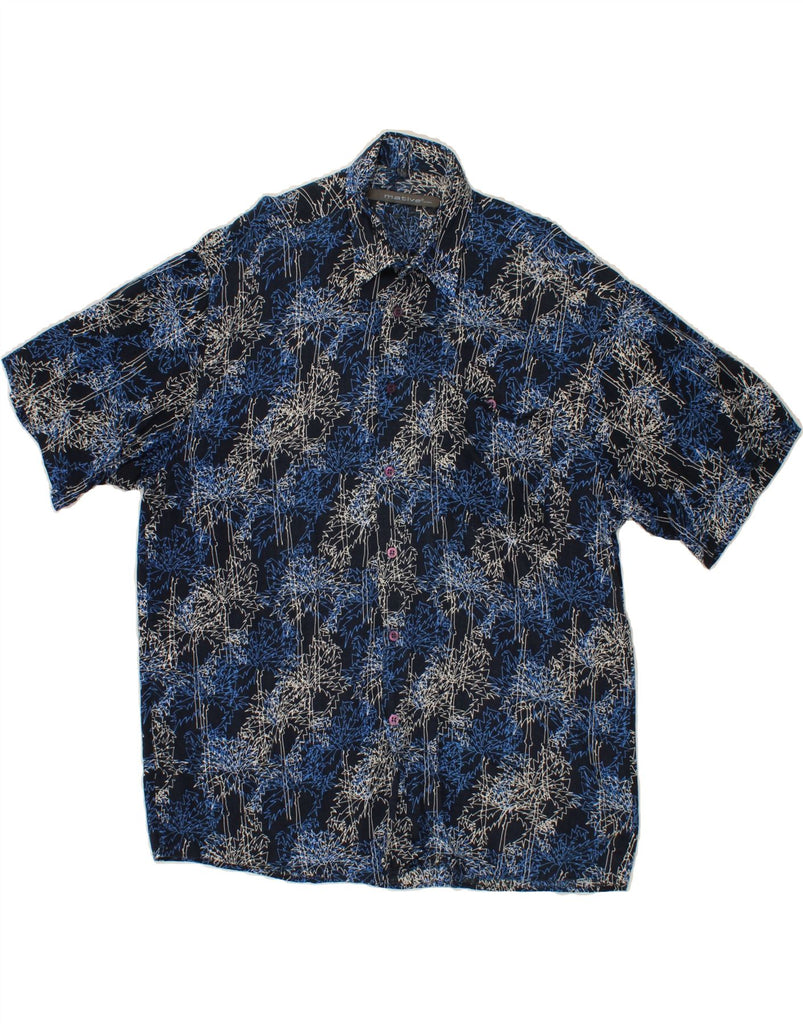 VINTAGE Mens Abstract Pattern Short Sleeve Shirt Large Navy Blue Viscose Vintage Vintage and Second-Hand Vintage from Messina Hembry 