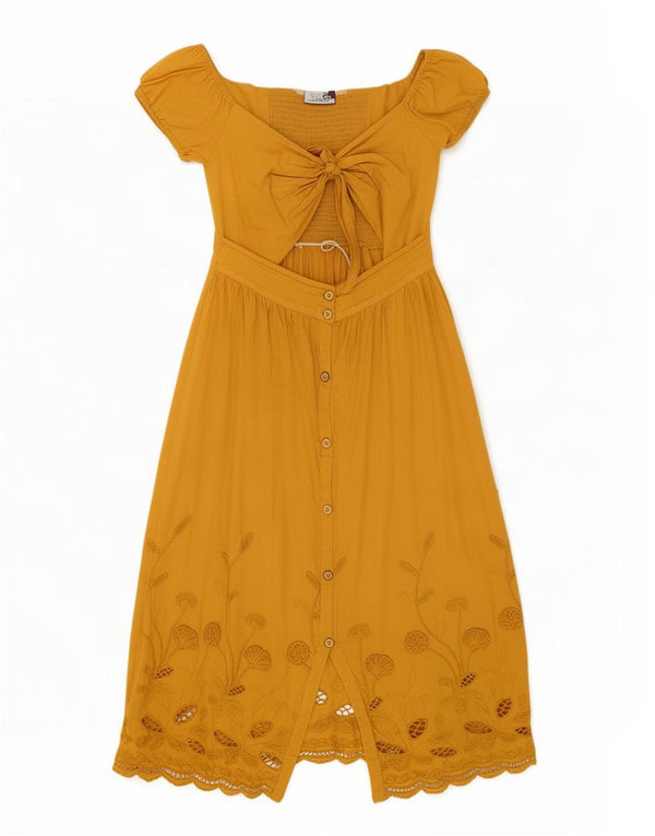 Zara Womens Cutout A-Line Dress UK 12 Medium Yellow Floral Cotton
