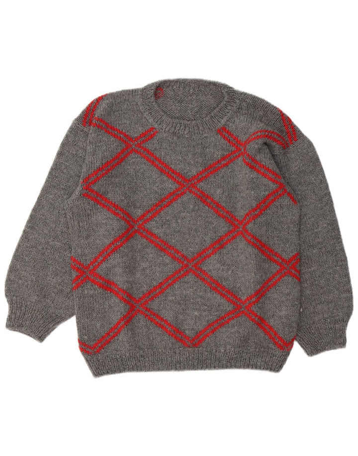 Vintage Mens Crew Neck Jumper Sweater Large Grey Geometric