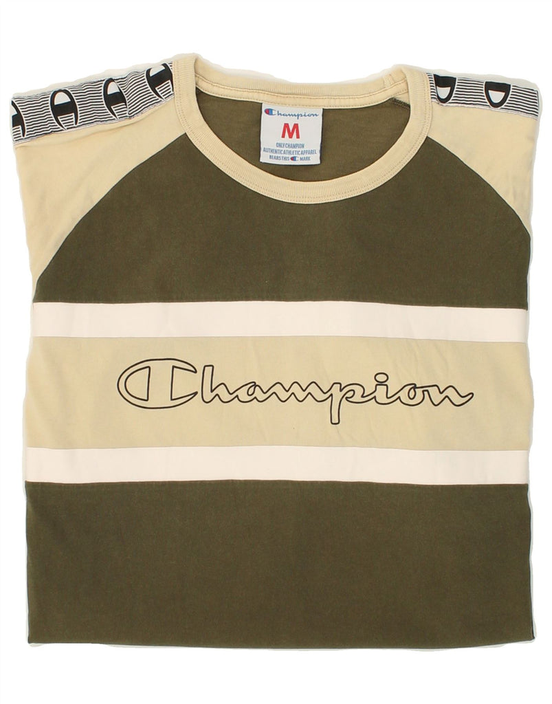 CHAMPION Mens Graphic T-Shirt Top Medium Khaki Colourblock Cotton | Vintage Champion | Thrift | Second-Hand Champion | Used Clothing | Messina Hembry 