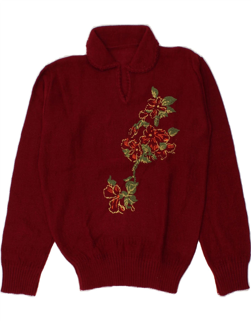 VINTAGE Womens Graphic Polo Neck Jumper Sweater UK 10 Small Red Floral Vintage Vintage and Second-Hand Vintage from Messina Hembry 