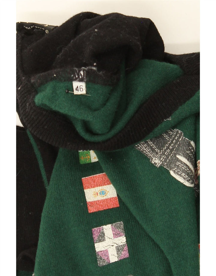 FUZZI Womens Graphic V-Neck Jumper Sweater IT 46 Large Green Colourblock Vintage Fuzzi and Second-Hand Fuzzi from Messina Hembry 