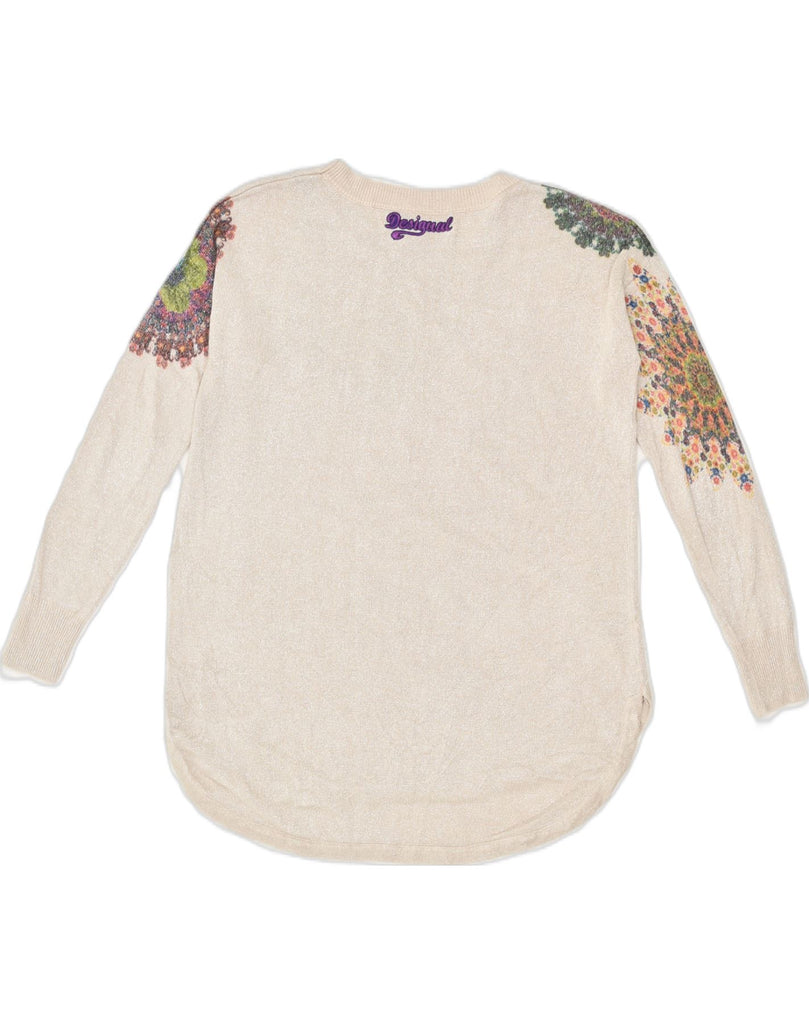 DESIGUAL Womens Boat Neck Jumper Sweater UK 10 Small Beige Floral Cotton | Vintage Desigual | Thrift | Second-Hand Desigual | Used Clothing | Messina Hembry 