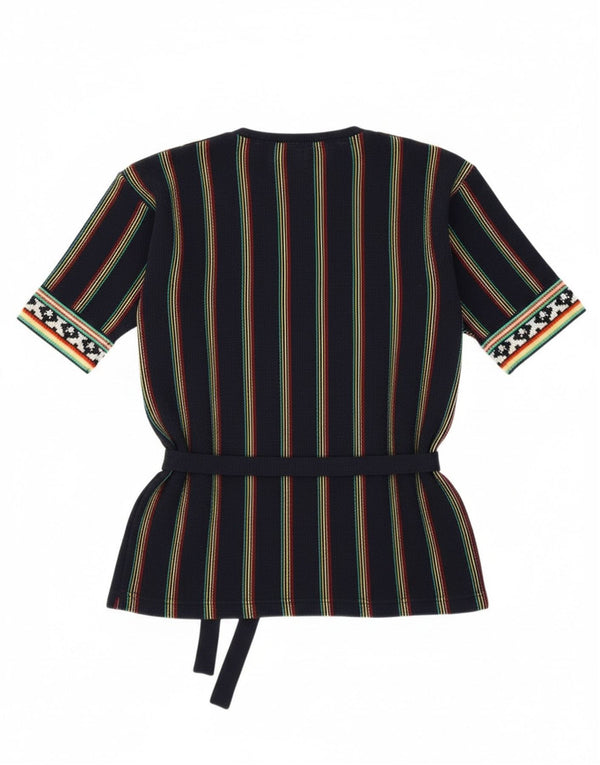 Vintage Womens V-Neck Jumper Sweater UK 12 Medium Navy Blue Striped Retro