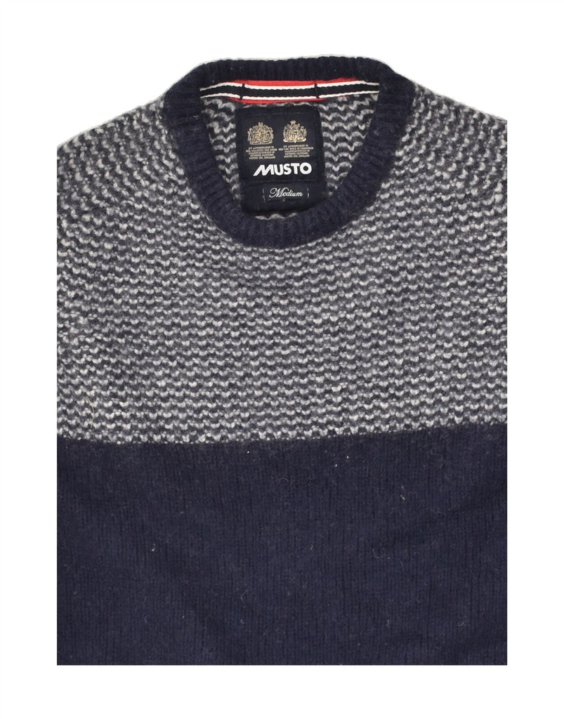 MUSTO Mens Boat Neck Jumper Sweater Medium Navy Blue Colourblock Lambswool | Vintage Musto | Thrift | Second-Hand Musto | Used Clothing | Messina Hembry 