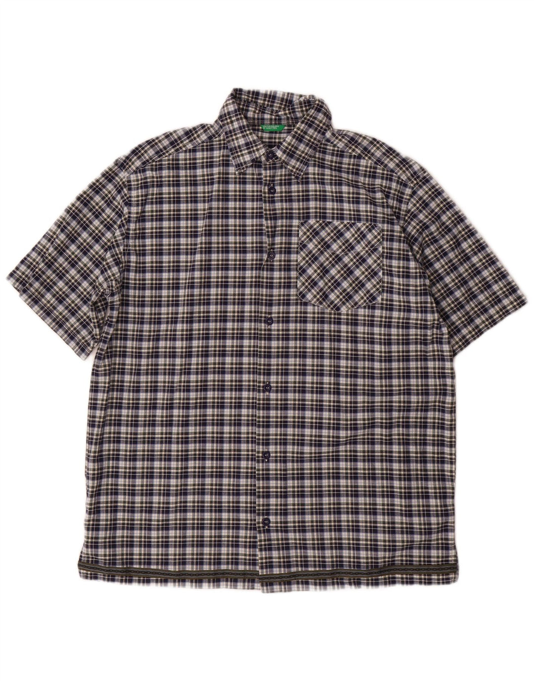 BENETTON Boys Short Sleeve Shirt 11-12 Years XL Navy Blue Check Cotton
