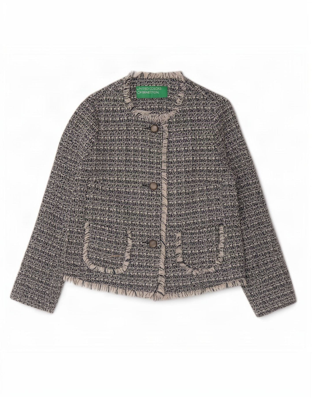 Benetton Womens 3 Button Blazer Jacket UK 8 Small Navy Blue Flecked Cotton