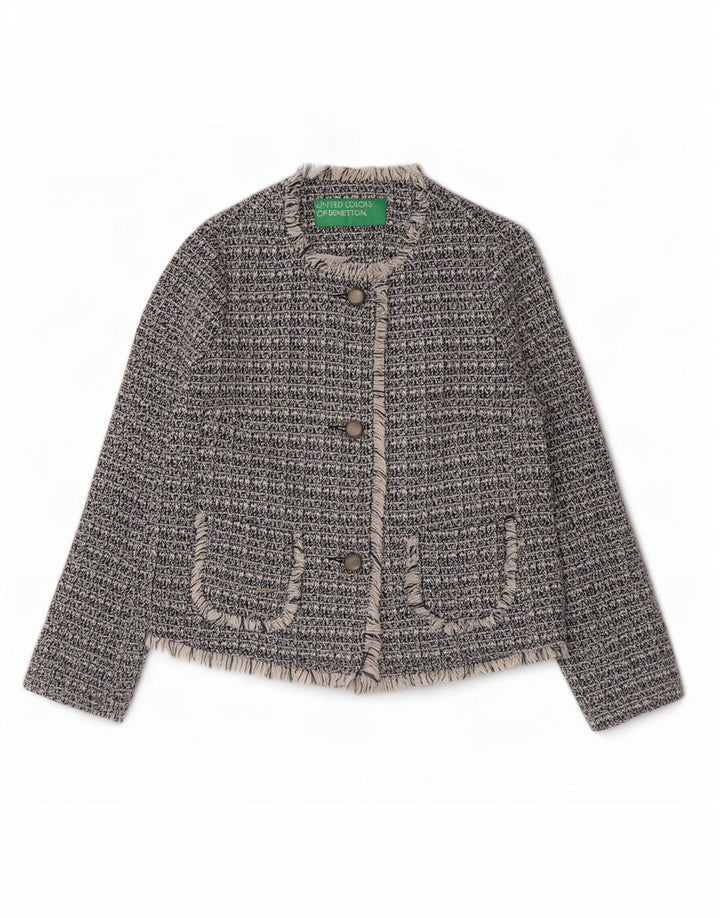 Benetton Womens 3 Button Blazer Jacket UK 8 Small Navy Blue Flecked Cotton