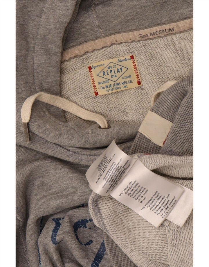 Replay Mens Graphic Hoodie Jumper Medium Grey Cotton