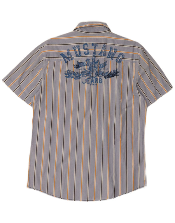 Mustang Mens Graphic Short Sleeve Shirt Large Blue Pinstripe Cotton