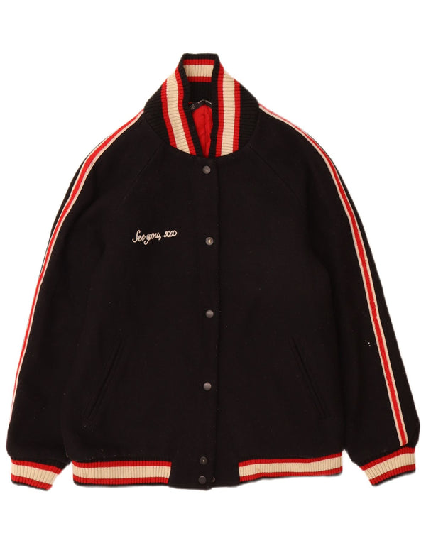 Zara Womens Trafaluc Graphic Varsity Jacket UK 16 Large Black Colourblock
