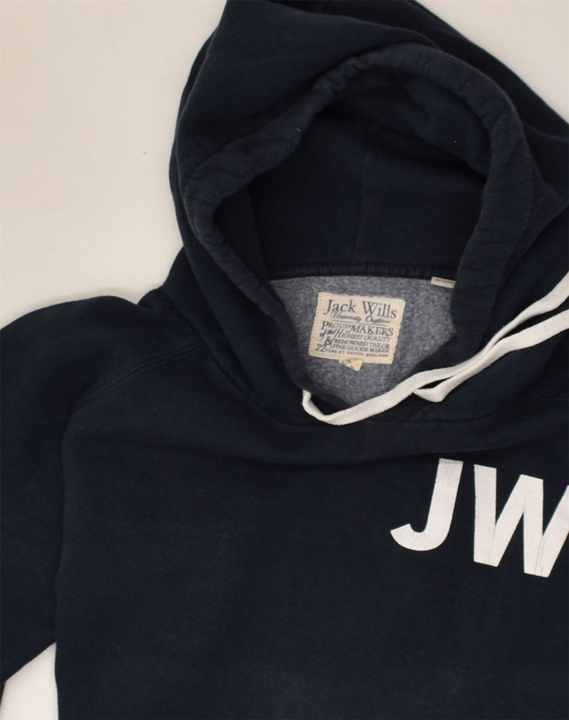 JACK WILLS Womens Graphic Hoodie Jumper UK 12 Medium Navy Blue Cotton | Vintage Jack Wills | Thrift | Second-Hand Jack Wills | Used Clothing | Messina Hembry 